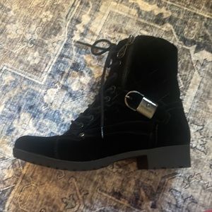 G by Guess black velvet dressy combat boots with zippers, buckles and laces
